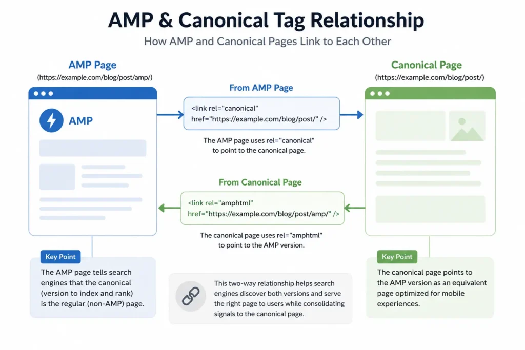 Diagram showing how the AMP page and canonical page link to each other via amphtml and canonical tags