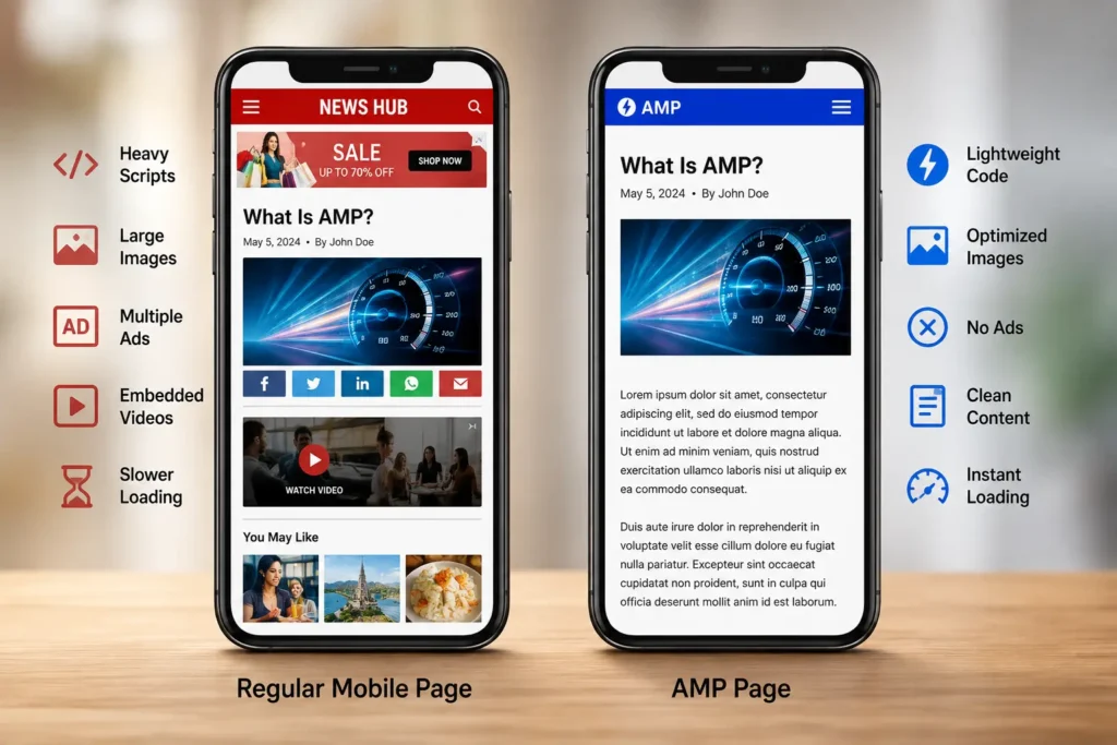 Side-by-side comparison of a regular mobile webpage and its stripped-down AMP version