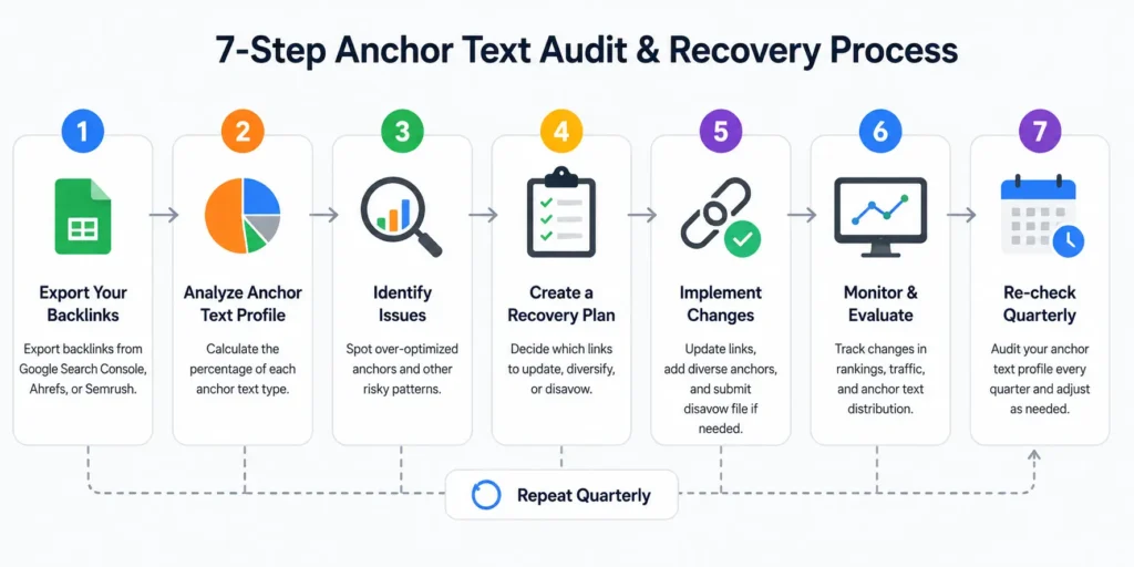 Flowchart of the seven-step process for auditing and fixing an over-optimized anchor text profile