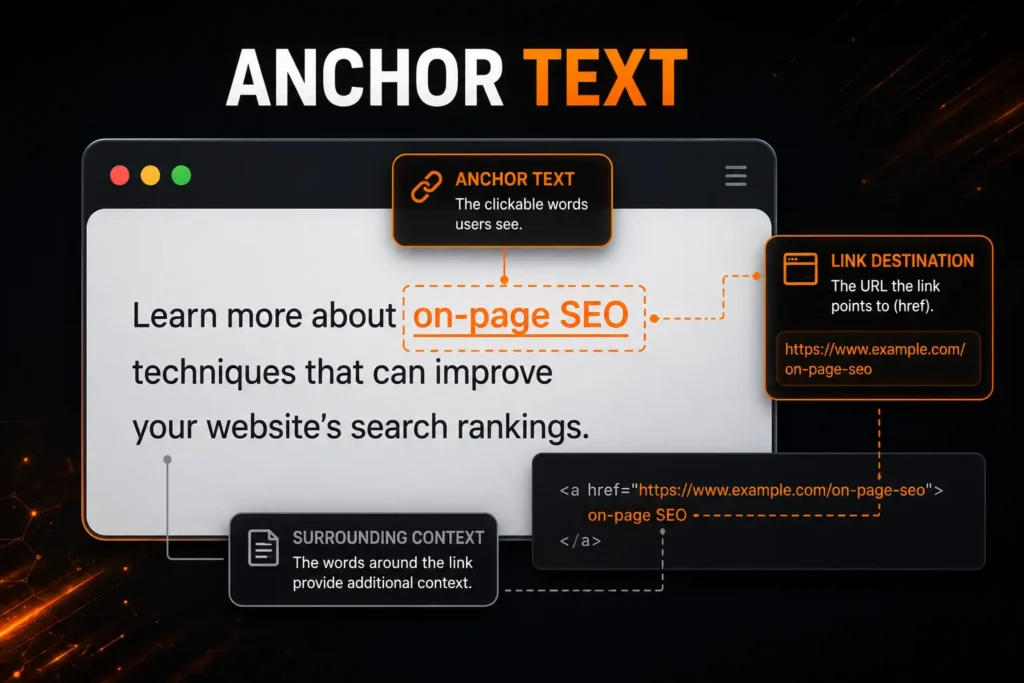 Diagram labeling the anchor text, link destination, and surrounding context inside a hyperlink