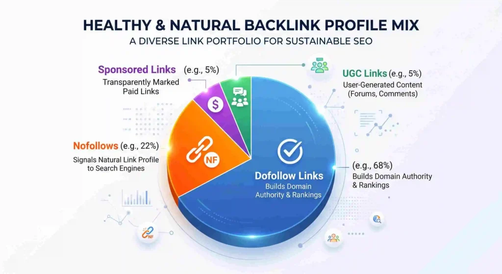Pie chart showing a natural mix of dofollow, nofollow, sponsored, and UGC backlinks