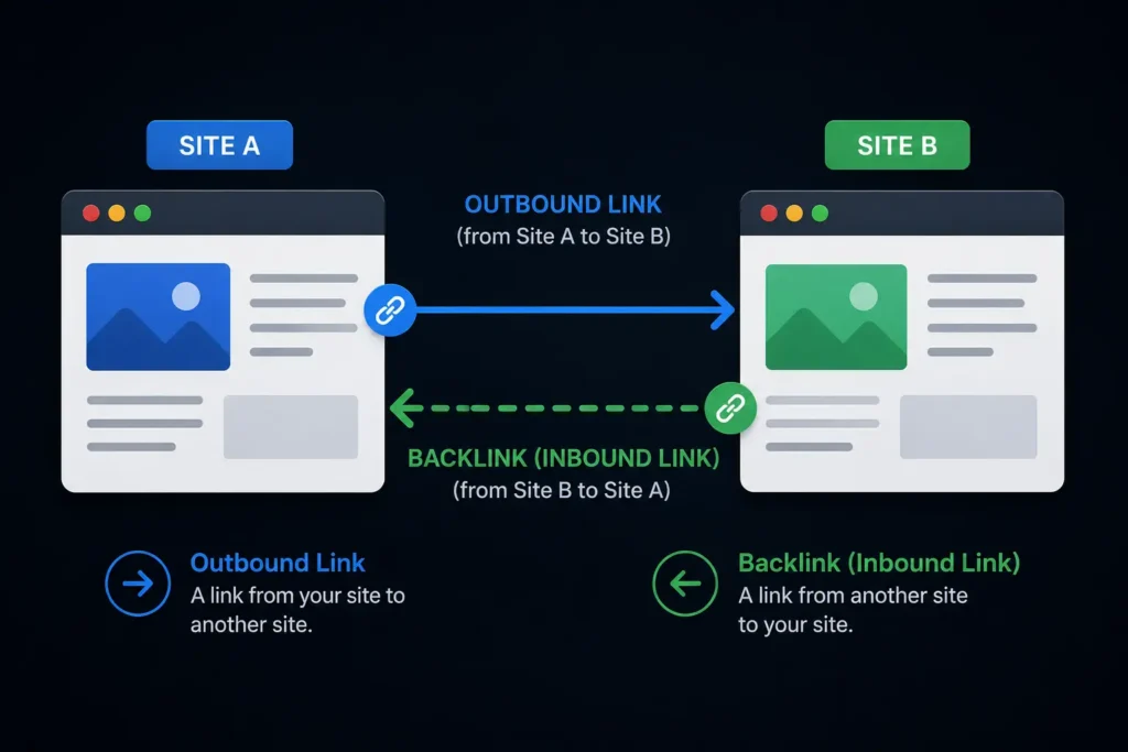 Diagram showing the difference between an inbound backlink and an outbound link