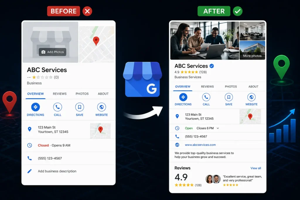 What Is Google My Business(GMB)? 3 Comparison of an incomplete Google Business Profile next to a fully optimized profile with photos and reviews