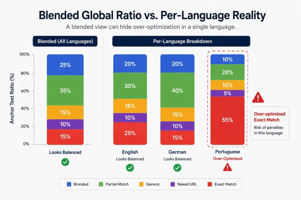 Bar chart showing how a blended anchor text ratio can hide over-optimization in a single language
