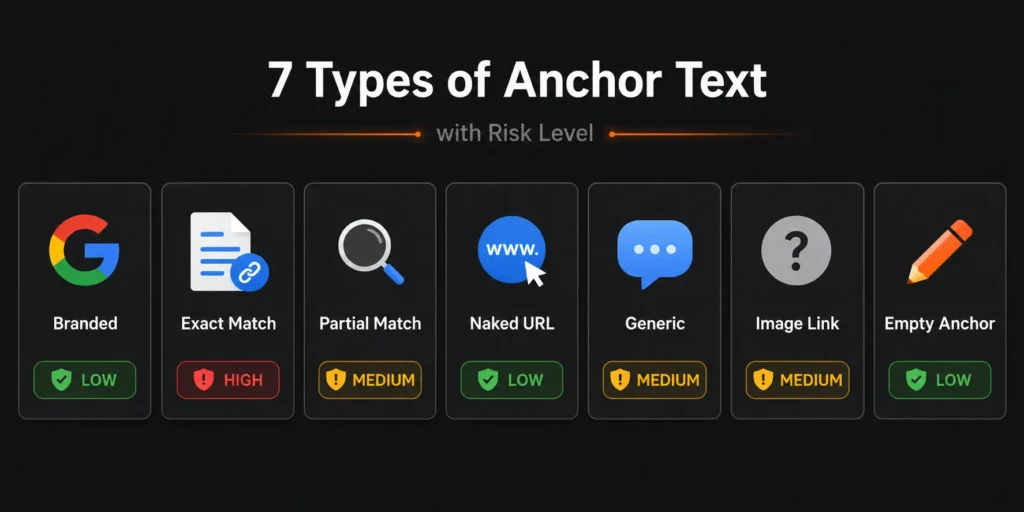 Visual summary of the seven anchor text types with their relative risk levels