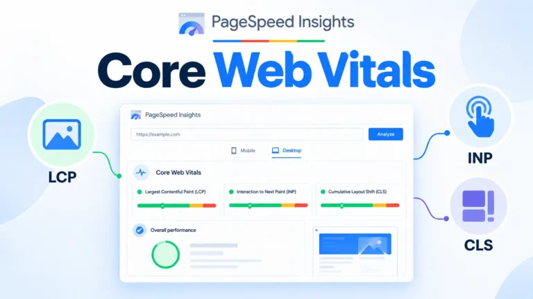Home Core Web Vitals metrics shown in a PageSpeed Insights-style dashboard, including LCP, INP, and CLS
