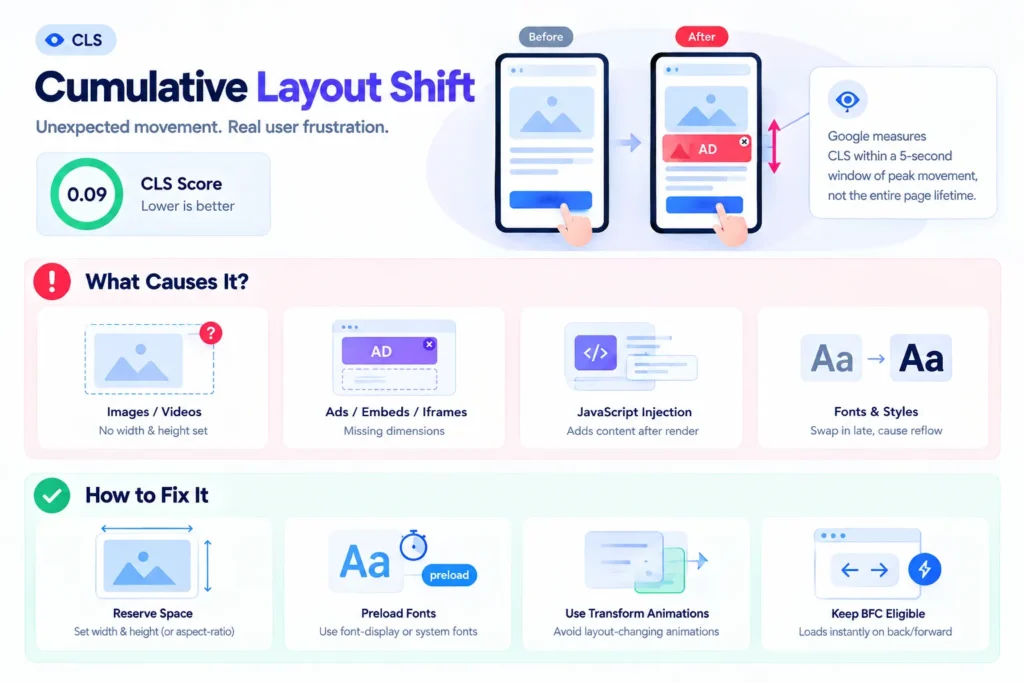 Core Web Vitals: What They Are & How to Improve Them 6 Cumulative Layout Shift (CLS) infographic showing common causes of unexpected page movement and practical fixes, including unsized images, ads, JavaScript injection, late font loading, reserved space, font preloading, transform animations, and bfcache.