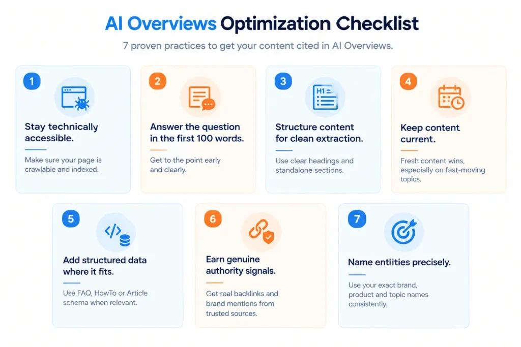AI Overviews Explained: How Google, Bing, and Perplexity Generate Answers (and How to Get Cited) 8 Checklist infographic of seven practices for optimizing content to be cited in AI Overviews