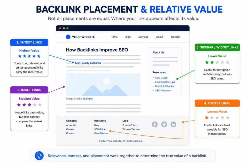 Diagram showing how backlink value differs by placement: in-text, image, footer, and widget links