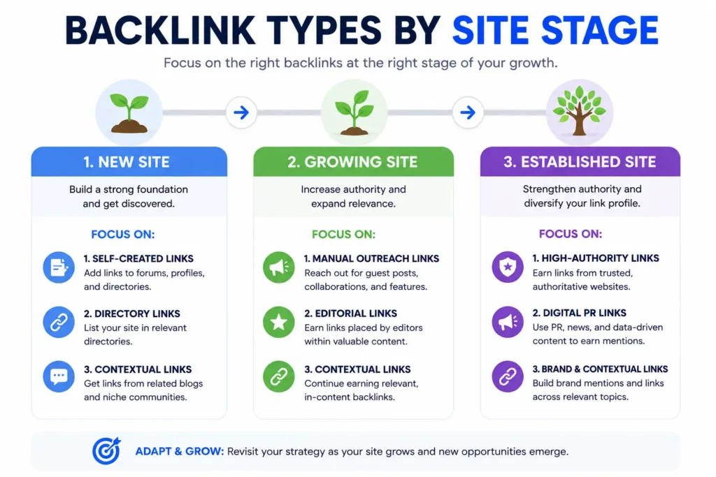 Chart showing which backlink types to prioritize at each stage of a site's growth