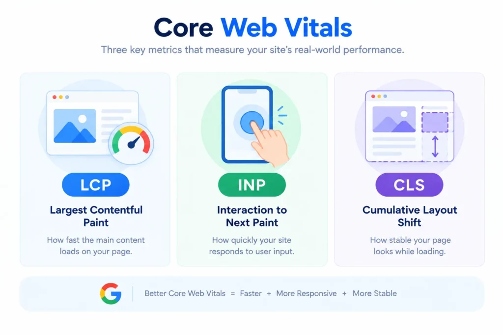Core Web Vitals: What They Are & How to Improve Them 2 Diagram introducing the three Core Web Vitals metrics: LCP, INP, and CLS