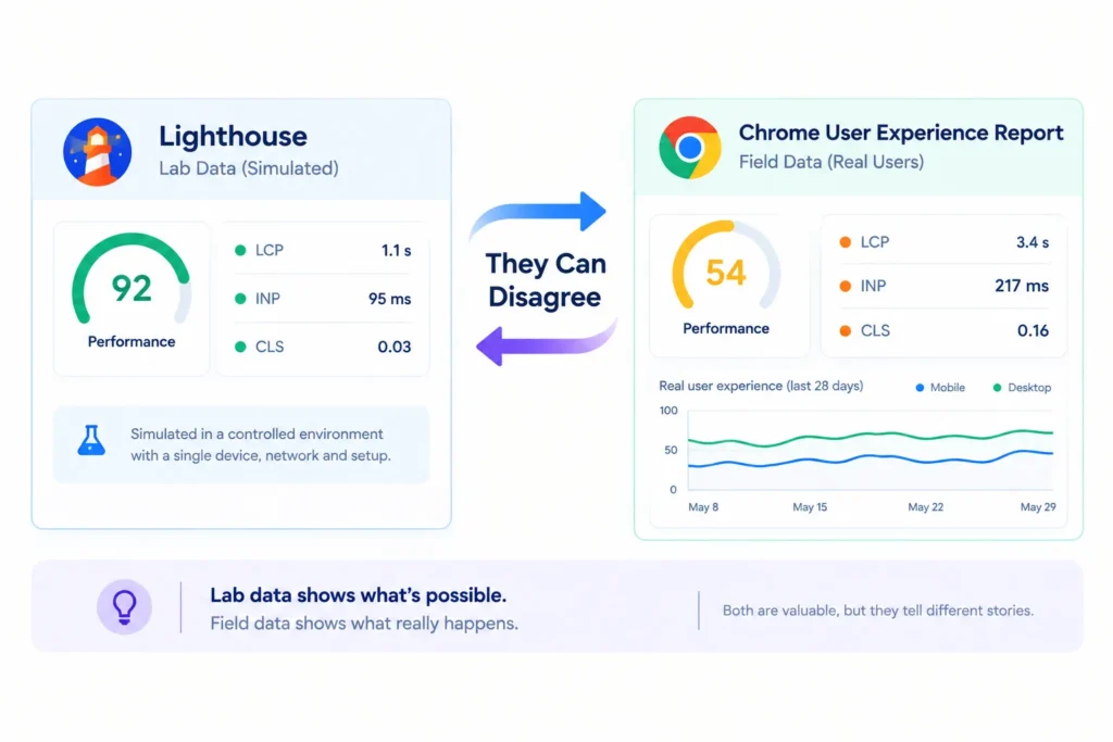 Core Web Vitals: What They Are & How to Improve Them 3 Diagram comparing simulated Lab Data scores against real-world Field Data from Chrome users