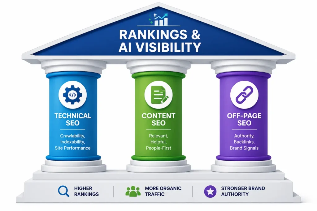 SEO Best Practices : What Actually Works 2 Diagram showing technical, content, and off-page SEO as three pillars supporting rankings and AI visibility