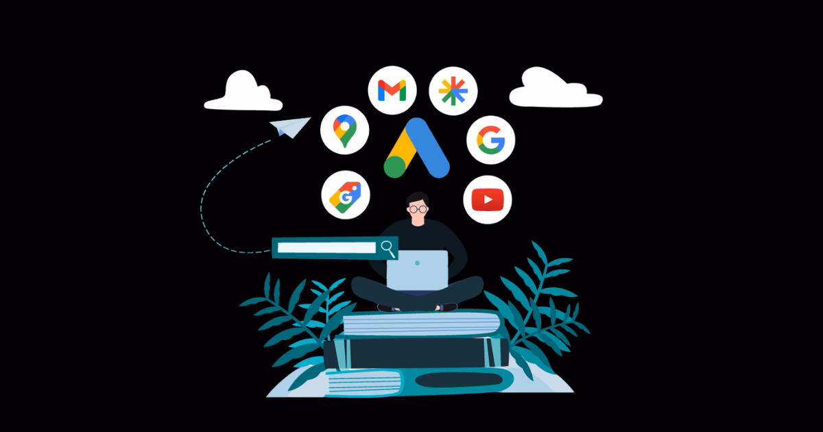 Google Ads marketing ecosystem showing a person sitting on stacked books using a laptop with Google Ads, Maps, Gmail, YouTube, and other Google services icons floating above, representing PPC, Display Ads, and Local Service Ads strategies for digital marketing and advertising.