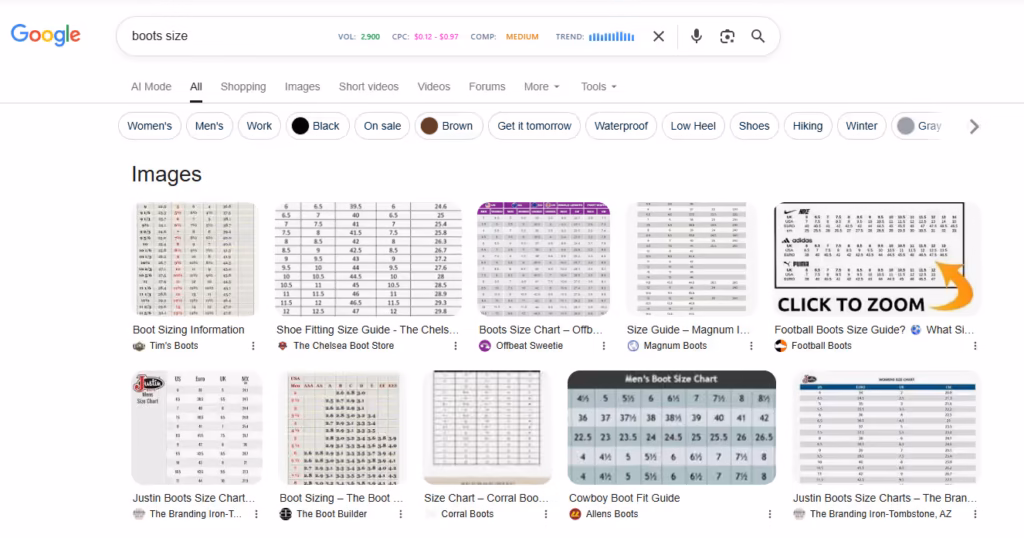 SERP features like a carousel displaying boot size images